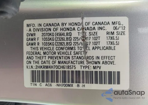 2012 Honda Cr-V Ex-L from USA, damaged, VIN 2HKRM4H70CH618575